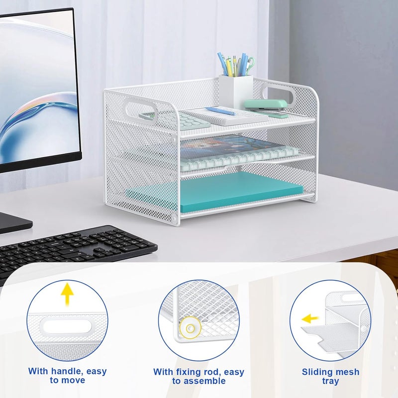 Samstar 3 Tier White Letter Tray Paper Organizer with Handle, Mesh Desk Organizer Paper Sorter File Rack Shelves, White - Image 3